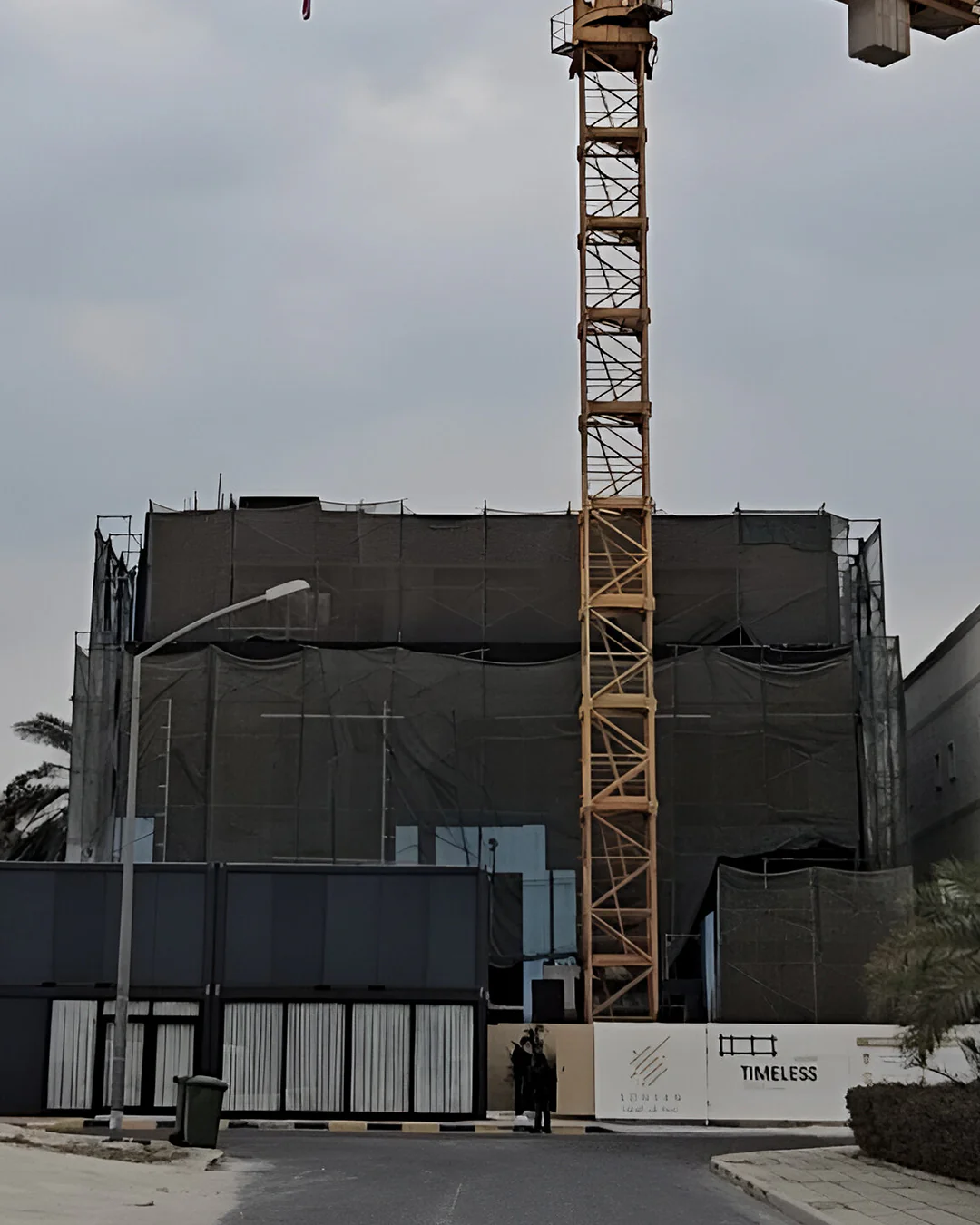 Street-facing view of a multi-storey villa under construction, enclosed in dark protective mesh and scaffolding, with a tower crane rising in front of the facade behind site fencing and gates.